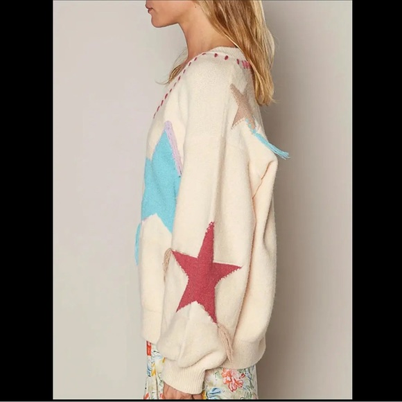 3735 Size Large Star Sweater, White with Color Stars with Tassels. - Picture 2 of 5